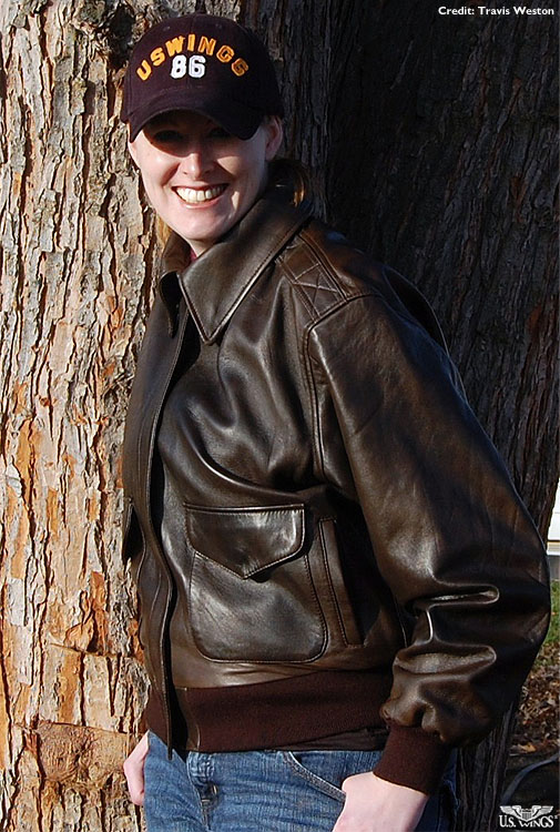 Womens Classic Brown Leather Bomber Jacket