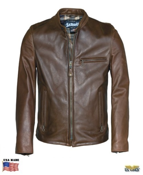 Schott Waxed Natural Pebbled Cowhide Cafe Leather Jacket US Wings