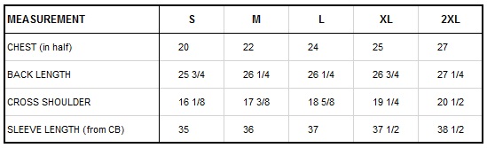 Jacket Measurements - US Wings