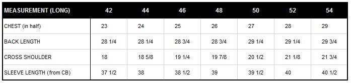 Jacket Measurements - US Wings