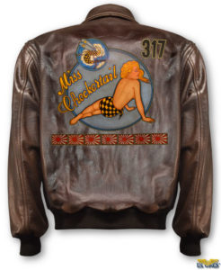 miss checkertail hand painted nose art on back of jacket