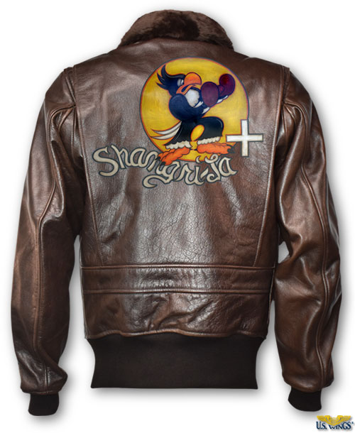 shangri-la hand painted nose art on back of jacket