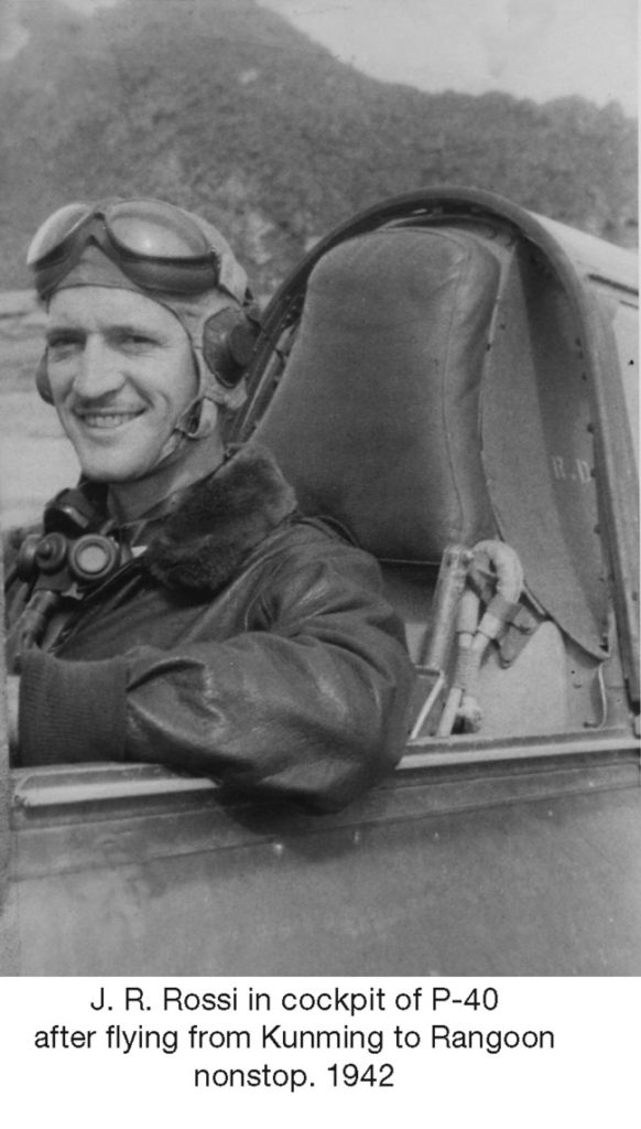 J. R. Rossi in cockpit of P-40 after flying nfrom Kunming to Rangoon nonstop. 1942