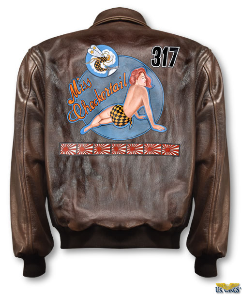 miss checkertail nose art hand painted on back of jacket