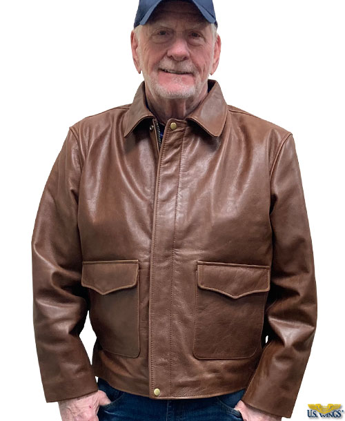 man wearing cooper original russet cowhide indy jacket